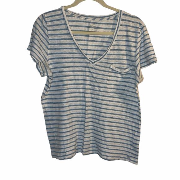 J.Crew 100% Linen Striped V-Neck Tee – Size XL – Light Blue & White - Picture 1 of 5